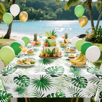 2 Pack Jungle Tablecloths, 54x108", Tropical Palm Leaf Party Decor | Two Coordinating Palm and Monstera Prints with Waterproof PE Protection for Jungle, Tiki, rainforest and tropical parties