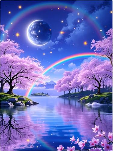 PINFFSHU 5D Diamond Painting Kits for Adults - Fantasy Starry Sky, Pink Cherry Blossoms & Magical Moonlit Rainbows DIY Full Drill Art, Sparkling Enchanted Landscape Wall Decor 12x16 Inches (30x40cm) - color: Pink, blue, purple, rainbow colors, silver