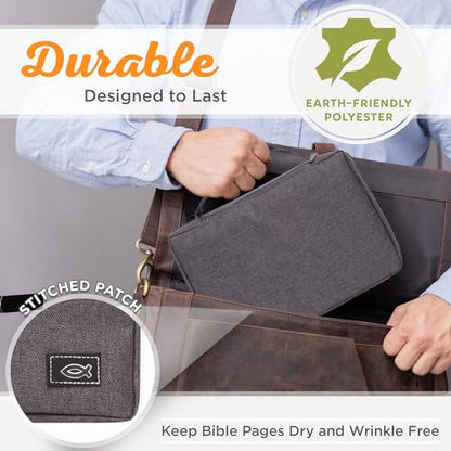Christian Art Gifts Men & Women’s Bible Cover – Gray Canvas, Large Size with Jesus Fish Symbol – Durable, Inspirational Scripture Case with Zipper Closure, Handle, Pen Loop & Storage Pockets - color: Gray/Jesus Fish, size: Large