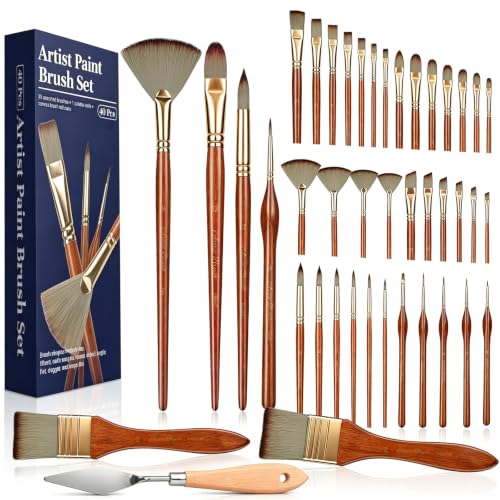 SAKEYR 40PCS Paint Brushes Set, Professional Artist Paint Brushes with Multiple Shapes & Sizes, Synthetic Nylon Bristles for Acrylic, Watercolor,Gouache & Oil Painting with Canvas Roll & Palette Knife