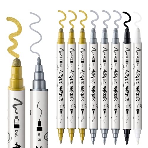 TRANSON 3 Gold, 3 Silver, 1 Black and 1 White Paint Markers Bold and Fine Dual-tip Acrylic Paint Marker Set for Rock Painting Glass Canvas Wood Leather Ceramic Painting - style: Bold and Fine 3 Gold 3 Silver 1 Black and 1 White