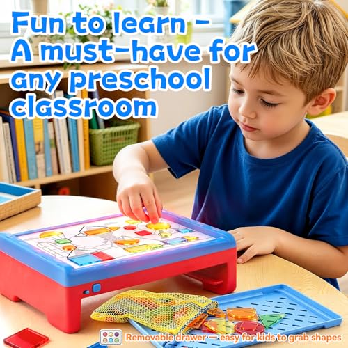 PLAY Light Box for Kids, LED Light Table with 6 Translucent Puzzle Films and 50 Shapes, Adjustable Colors and Brightness, Sensory Toy for Painting, Sketching, Drawing and Early Development