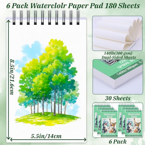 UZLU 6 Pack Watercolor Paper Pads, 5.5 x 8.5 Inch, 180 Sheets Total - size: 5.5x 8.5 in