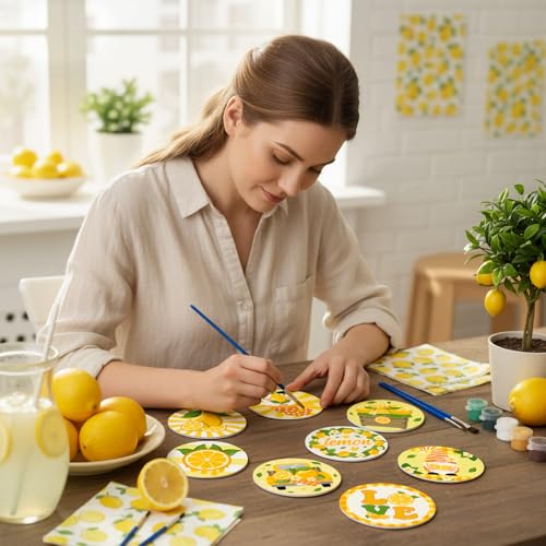Reallnaive 8 Pcs Lemon Paint by Numbers Kit for Adults Wooden Coasters - style: Lemon