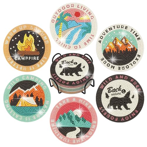 Temlum 6pcs Diamond Art Coasters Kits for Adults with Holder, Camping - color: Outdoor Coasters With Holder