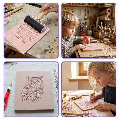 4 Pack Pink Rubber Stamp Carving Blocks 8"x6" (0.8cm Thick) with Tools Kit - Soft Linoleum Blocks for DIY Craft Projects, Stamp Making Supplies for Artists & Beginners - size: 8"x6"