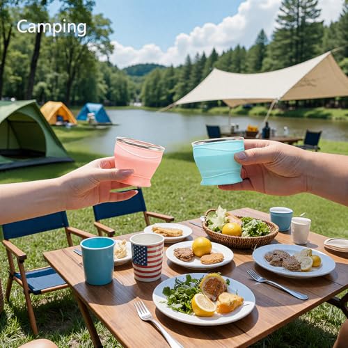 Collapsible Cup with Lid - 6oz Mini Silicone Folding Travel Cup with Steel Rim - BPA Free Small Portable Pocket Cup for Camping, Hiking, Kids, Mouthwash & Pills (Gulf Blue) - color: Bay Blue