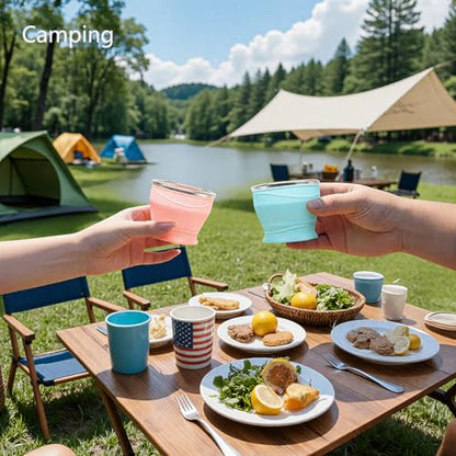 Collapsible Cup with Lid - 6oz Mini Silicone Folding Travel Cup with Steel Rim - BPA Free Small Portable Pocket Cup for Camping, Hiking, Kids, Mouthwash & Pills (Gulf Blue) - color: Bay Blue