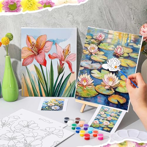 Tenceur 16 Sets Pre Drawn Canvas to Paint for Sip and Paint Party, 8 x 10 Inch Preprinted Framed Pre Sketched Coloring Canvas with Easels and Brushes for Adults Party Supplies(Flower) - style: Flower