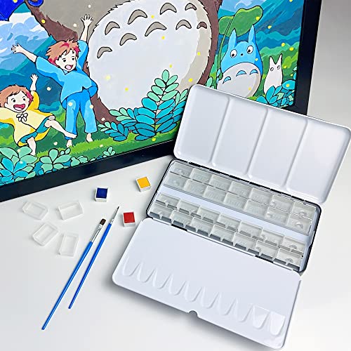 Large Watercolor Palette Tin with 28Pcs Watercolor Full Pans | Empty Metal Palette, 28Pcs White Full Pans, Folding Paint Tray, Palette with Lid, Mixing Area for Watercolor, Oils Gouache - style: Tin with 28 Transparent Full Pans