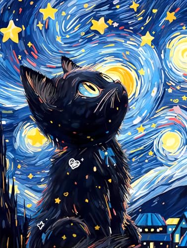Yunnuo Diamond Art Kits for Adults Cat, DIY Diamond Painting kit 12x16inch | Starry Night Black Cat Gem Art Painting, Full Drill Round Diamonds Dot for Beginners, Perfect for Home Wall Decor and Gifts - color: D002-black cat 30x40cm