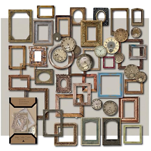 CATaireen Vintage Junk Journal Items Kit Pre Cut Paper Cards Cutout Cardstock Art Aesthetic Decor Hollow Out Craft Elements Small Embellishments Supplies for Adults Scrapbook Pack (Photo Frame Dark)