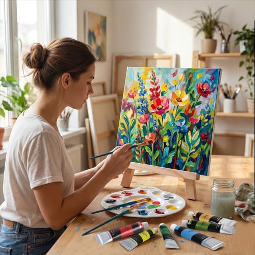 Acrylic Paint Set, Art Painting Supplies Kit with 24 Colors Acrylic Paints (22ML),Wooden Table Easel,Canvas,Painting Pads,10 Paint Brushes & Etc for Students, Artists and Beginner