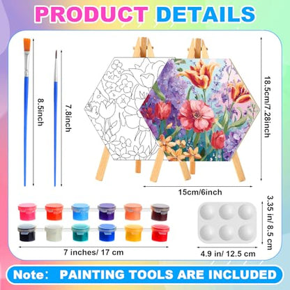 Watersay 12 Set Kids Pre Drawn Canvas for Painting Kit 12 Pcs 6" x 6" Floral Printed Pre Drawn Canvas, Easels, Palette, Paint Pot, 24 Brushes Kid Paint Party Favor for DIY Classroom Craft Activities - style: Floral