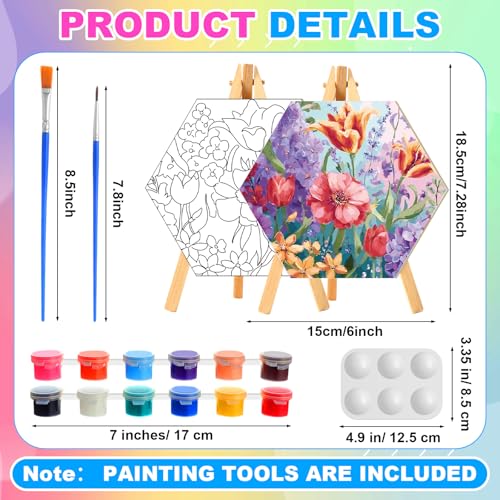Watersay 12 Set Kids Pre Drawn Canvas for Painting Kit 12 Pcs 6" x 6" Floral Printed Pre Drawn Canvas, Easels, Palette, Paint Pot, 24 Brushes Kid Paint Party Favor for DIY Classroom Craft Activities - style: Floral