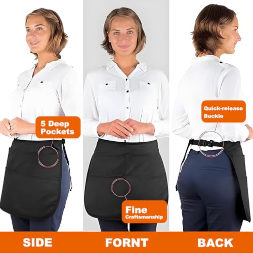 Hair Stylist Apron with 5 Pockets & 2 Loops, Barber Half Waist Apron with Adjustable Belt, Professional Hairdresser Tools Storage Holster Salon Waist Pouch for Hairstylist, Makeup Artist
