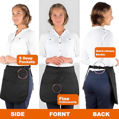 Hair Stylist Apron with 5 Pockets & 2 Loops, Barber Half Waist Apron with Adjustable Belt, Professional Hairdresser Tools Storage Holster Salon Waist Pouch for Hairstylist, Makeup Artist