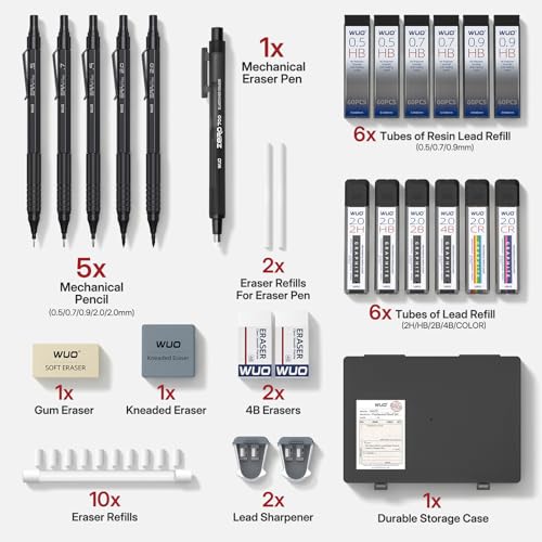 WUO Mechanical Pencil Set, 5 Pack Drafting Pencils 0.5/0.7/0.9/2.0/2.0mm | Mechanical drawing pencils, 432 lead refills, erasers/sharpeners for drafting, technical drawing, sketching, writing & art - color: Black, size: 0.5/0.7/0.9/2.0