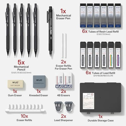 WUO Mechanical Pencil Set, 5 Pack Drafting Pencils 0.5/0.7/0.9/2.0/2.0mm | Mechanical drawing pencils, 432 lead refills, erasers/sharpeners for drafting, technical drawing, sketching, writing & art - color: Black, size: 0.5/0.7/0.9/2.0