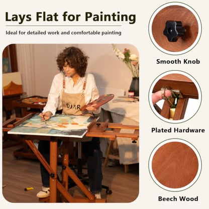 DJAR Extra Large H-Frame Studio Art Easel with Lockable Casters, Walnut | Movable Wooden Tilts Flat Heavy Duty Floor Stand, Solid Beech Wood Art Easel For Artists, Hold 1 or 2 Canvas up to 79"