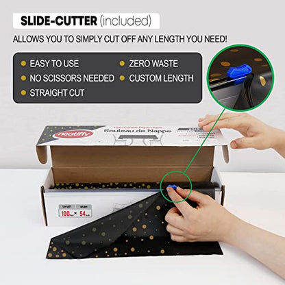 Neatiffy Disposable Plastic Table Cloth Roll with Slide Cutter | Waterproof Cover for Rectangle, Square, Oval Tables | Picnic, Party, Banquet, Birthdays, Weddings - Black with Gold Dots - color: Black Golden Dot, size: 54 inches X 100 feet