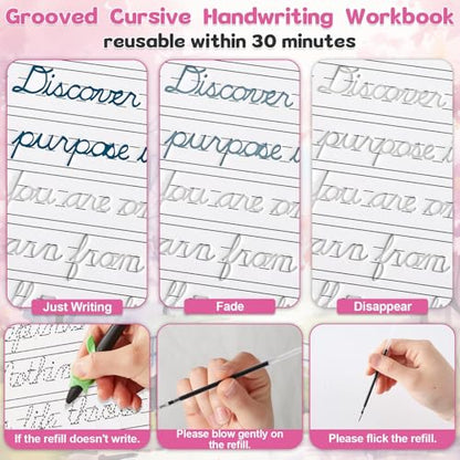 gisgfim Grooved Cursive Handwriting Workbook Magic Reusable Grooved Cursive Handwriting Practice Guided Tracing with Disappearing Ink Pens for Beginner Learning Activities Supplies (Inspiring Quotes) - style: Inspirational Sentences