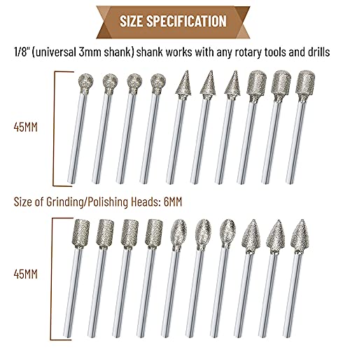 20Pcs 120-Grit Diamond Grinder Bit Stone Carving Set 1/8" Shank