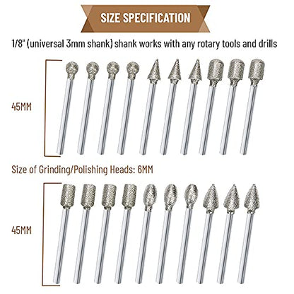 20Pcs 120-Grit Diamond Grinder Bit Stone Carving Set 1/8" Shank