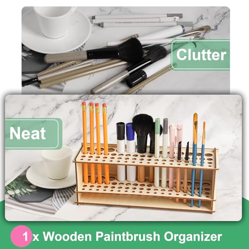 Wooden Paint Brush Holder Artist Brush Holder 67 Hole Paintbrush Holder Desktop Organizer Wood Paint Brush Rack for Pens Pencils and Art Tools