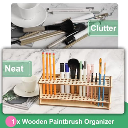 Wooden Paint Brush Holder Artist Brush Holder 67 Hole Paintbrush Holder Desktop Organizer Wood Paint Brush Rack for Pens Pencils and Art Tools