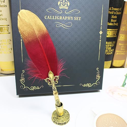 Quill Pen Ink Set,includes gold quill pen,wooden dip pen,glass dip pen,5 bottles ink,17 Replaceable Nibs,1 bottle of wax,spoon,wax sealing stamp,candle,pen holder, Cup. (Red)