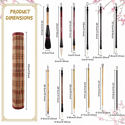 12 Pieces Chinese Calligraphy Brush Set with Sumi Watercolor | Roll-Up Bamboo Holder, Japanese Kanji Writing, Ink Painting, Goat Hair Tips, Beginner Artist Kit