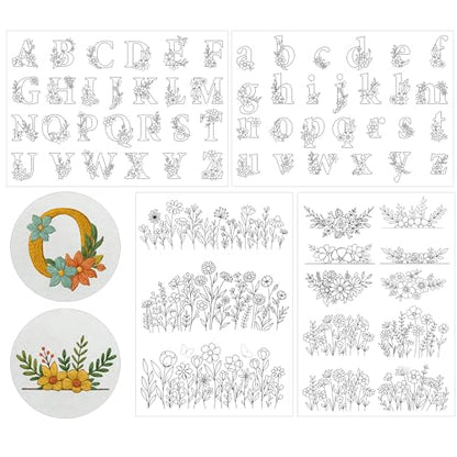 Water Soluble Stabilizer Embroidery Pattern - Flower Letter Stick & Stitch Embroidery Paper Wash Away, Wildflower Hand Sewing Patterns for T-Shirt Bag Towel (4 Sheets) - style: Letter975