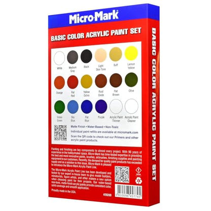 Micro-Mark Basic Color Model Water-based Acrylic Paint Set - Artist-Grade Pigment Colors for Miniatures, Models, Wargaming & Crafts, Fast-Drying | Made in the USA | 18 Bottles x 20 ml (0.68 fl.oz.)