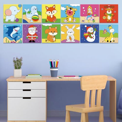 Anseal 12 Packs Pre Drawn Canvas to Paint, 4" X 4" Animal Pre-Printed Canvas Paint Party, Stretched Outline Painting Boards for Beginners, Party Favor - style: Animal2
