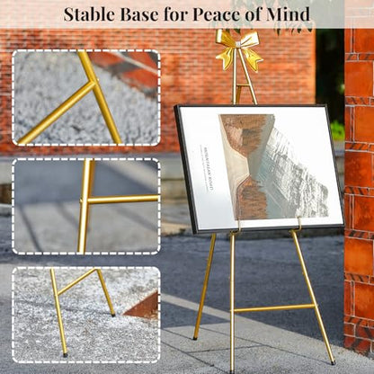 53”H Metal Gold Easel Stand for Sign Heavy Duty with Bow Top | Large Adjustable Display Standing for Wedding Displaying Pictures Poster Holder Showcasing - color: Golden bow top