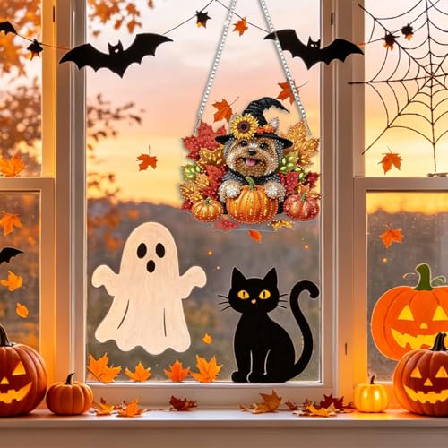 CEOVR Halloween Dog Hanging Diamond Art for Adults, Fall Diamond Painting Pendant, DIY Special Shape Gem Art Window Ornament, Acrylic Home Wall Decor with Chain, Box Kit 7.87×7.2inch - color: 15-Dog