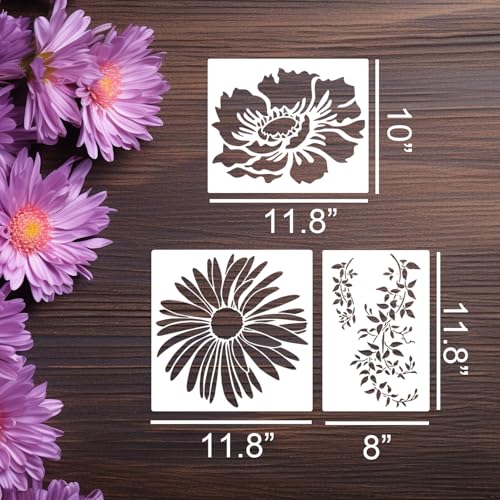 Large Flower Stencils for Walls 11.8inch Hummingbird Dragonfly Stencil | Reusable Daisy Sunflower Tree Vine Stencils for Painting on Wood Fence Wall Furniture Fabrics DIY Decor - style: Nature