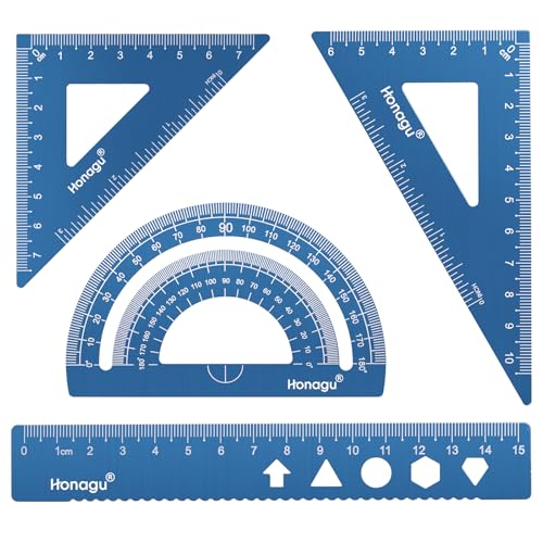 Honagu Triangular Ruler Set, 4 PC Metal Drafting Ruler, Geometric Protractor, Measuring Drawing Tool for Students, Teachers, Draftsmen, Engineers, Home School Office Supplies (15cm/5.9inches, Blue) - color: Blue, size: 15cm