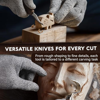 Complete Wood Carving Kit for Beginners - Gift Ready Complete Tools Set | Whittling Kit with 8 Wood Carving Knives, Spoon Carving Tools, Wood Blocks, Gloves, Roll Bag and Sharpening Strop
