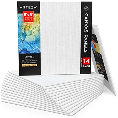 ARTEZA Canvas Panels 8x8 Inch, White Blank Pack of 14, 100% Cotton, 12.3 oz Primed, 7 oz Unprimed, Acid-Free, for Acrylic & Oil Painting, Professional Artists, Hobby Painters & Beginners - size: 8 x 8 inch, 14 pack