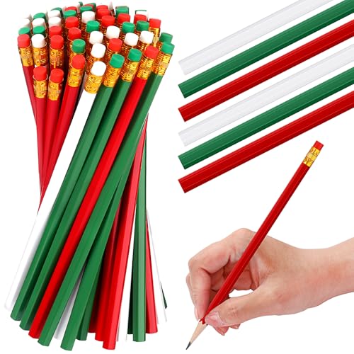 TecUnite 60 Pcs HB Pencils #2 Unsharpened Wood Cased Pencils with Eraser Hexagonal Pencil Cute Graphite No 2 Pen for Adults Gifts Exam School Office Sketching Learning(Red and Green, Gold) - color: Red and Green, Gold