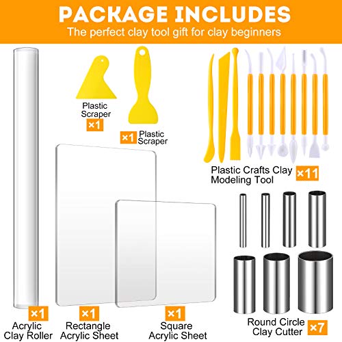 Honoson 23 Pcs Clay Sculpting Tools Set with Roller Cutters,Yellow | Acrylic Mat, Metal Round Cutters, Scraper Board, Ideal for Polymer Clay Crafts, Art Sculpting, Shaping and Modeling Projects - color: Yellow