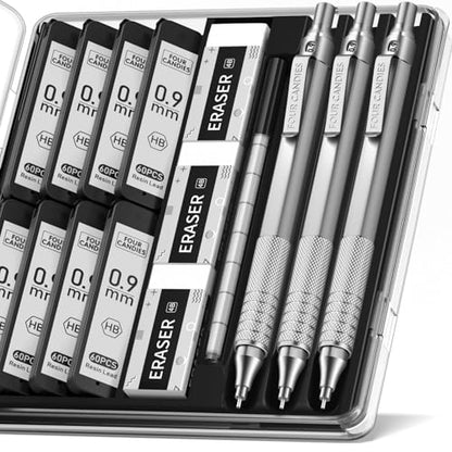 Four Candies Metal Mechanical Pencil Set with Case, 0.9mm, 3-Pack, Silver | 480PCS HB Lead Refills, 3 Erasers+9 Eraser Refills, Anti Grip, for Drafting, Engineering, Technical Drawing, Art Projects - color: Silver, style: 0.9 MM