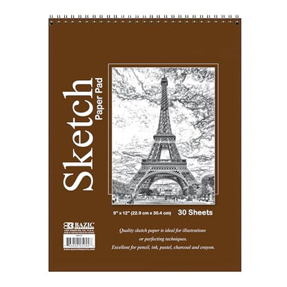BAZIC Products Spiral Sketch Pad, Top Bound, 9 x 12 in, 30 Sheets - color: 30 Sheets - 9"x12", size: 1-Pack