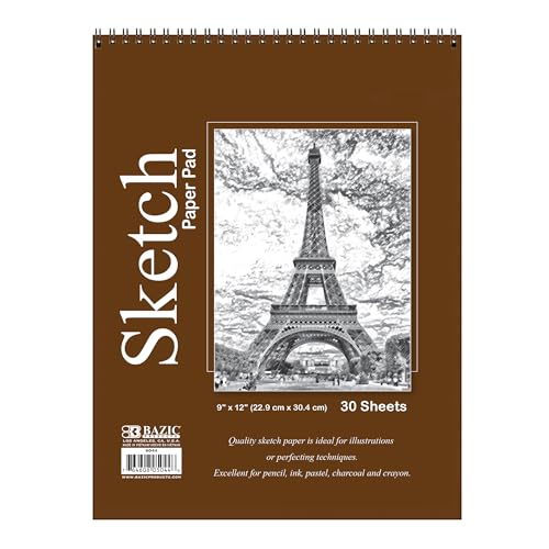 BAZIC Products Spiral Sketch Pad, Top Bound, 9 x 12 in, 30 Sheets, 48-Case | 30-sheet spiral sketch pad, Smooth drawing paper for sketching, Shading, Bulk pack, For school and craft projects - color: 30 Sheets - 9"x12", size: 48-Pack