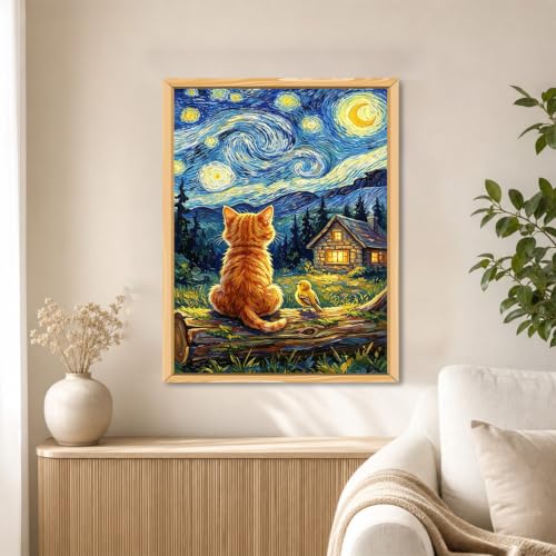 WULINHUAFA Cat Diamond Painting Kits for Adults 12x16 inch | Starry Night Diamond Art Kits for Beginner, 5D Full Round Drill Gem Art Painting Kits for Home Wall Decor - color: Cat