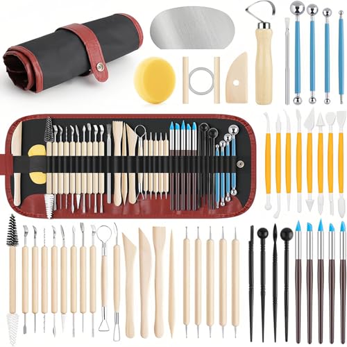Pottery Tools & Clay Sculpting Kit | Perfect for Polymer, Air Dry & Ceramic Clay, Complete Set for Modeling, Trimming, Dotting, Carving & Shaping (Wood-48Pcs)