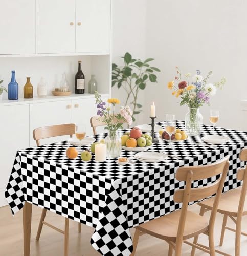 HEIPINIUYE 2 Pack Checkered Tablecloth Disposable 54 x 108 Inch Black and White Checkered Flag Plastic Table Cloth Disposable Rectangle Table Cover for Party Birthday Race Car Tablecloths - color: Checkered Tablecloth, size: 2 Pack
