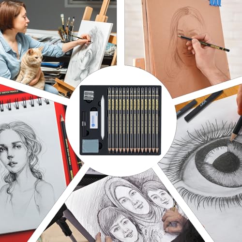 PANDAFLY Drawing Sketching Pencil Set, 20 Piece, 4H-14B Graphite Pencils | Pro Art Pencil Kit with Charcoal Sticks, Erasers, Sharpener, Blending Stump, Artist Pencils For Beginners & Pro Artists